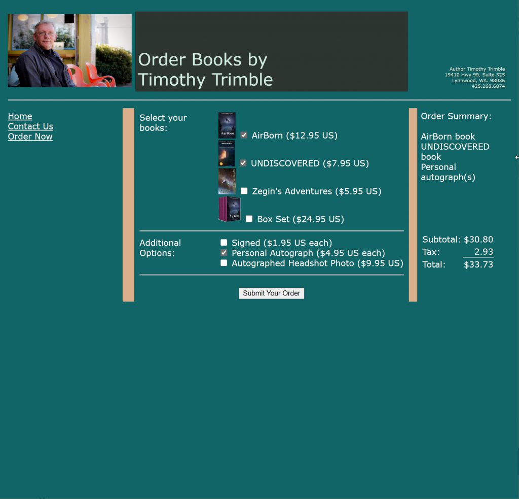 Screenshot of Timothy's Bookstore site.