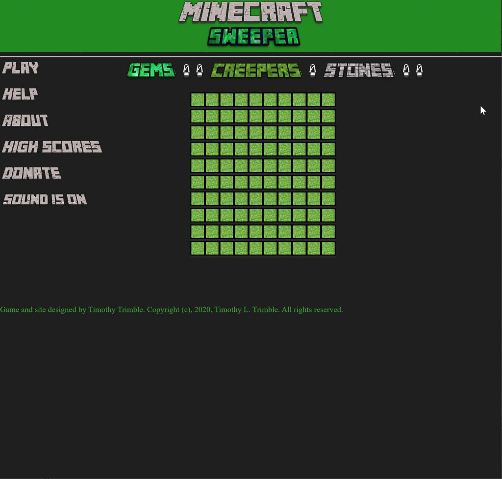 Homepage of the Minecraft Sweeper Game.