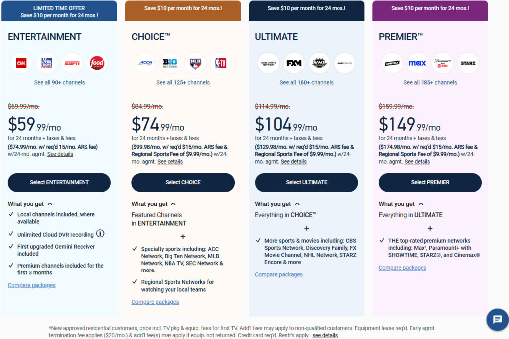 Screenshot of subscription packages on the DIRECTV website. 